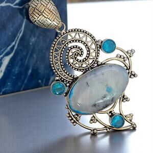 Blue Agate & Aqua Crystal Pendant – Sterling Silver Handmade Tribal Necklace